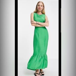 Topshop Bright Green Sleeveless Maxi Dress with Ruffle Hem Linen